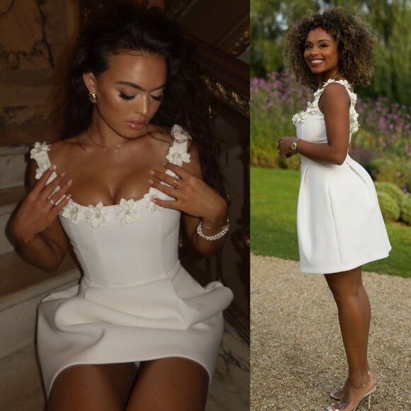 Nadine Merabi Cindy White Flower Applique Rosette Square Neck Mini Dress Size XL - Picture 13 of 16